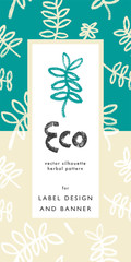 Floral pattern for organic food banner and label tag design with hand-drawn green icons. Herbal ornament. Vector floral silhouettes for Healthy eating concept and eco product. Illustrations of Herbs.