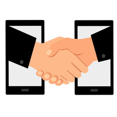 Business shaking hands over phones on a white background