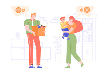 The man lost his job due to the global economic crisis. Reductions and layoffs. Sad family without money. Social and financial problems. Vector flat illustration.