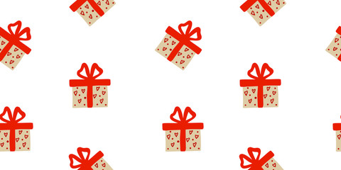 Packed with gifts with a red ribbon, geometric seamless pattern on a white background, vector