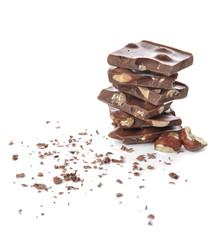 Sweet chocolate with nuts on white background