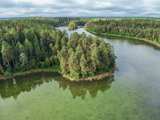 Drone view of lakes and islands in summer