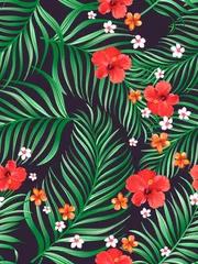 Foto op Plexiglas Vector tropical pattern with hibiscus flowers and exotic palm leaves. Trendy summer background. Summer floral illustration. © Logunova  Elena