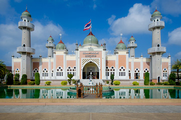 Beautiful central mosque and reflection in water at Pattani Central Mosque Thailand.(Translate Thai...