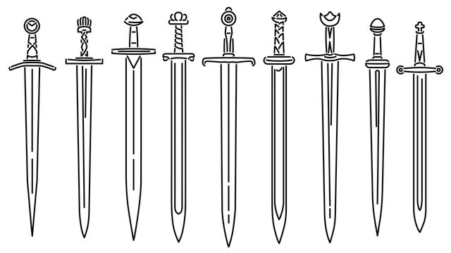 Set of simple vector images of medieval short swords drawn in art line style.