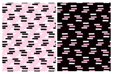 Set of 2 Geometric Seamless Vector Pattern with White and Pink Stripes Isolated on a Black Background. White and Black Lines on a Light Pink Layout. Simple Abstract Repeatable Print.