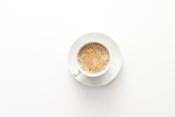 White empty desk with one coffee in the middle. Copy space. Isolated.