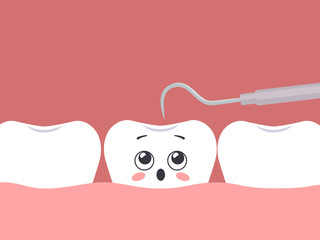 Checkup of a tooth by a dental explorer. Cute surprised tooth character. Vector illustration