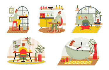 Set of modern flat vector illustrations on the theme of home office. Weekdays freelancers. Work on self-isolation.