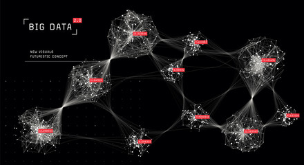 Abstract big data visualization. Futuristic tech background. Cloud computing concept. Network of connected nodes. Information clustering.