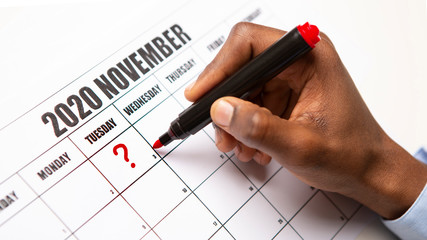 African american man drawing question sign on the 3 November