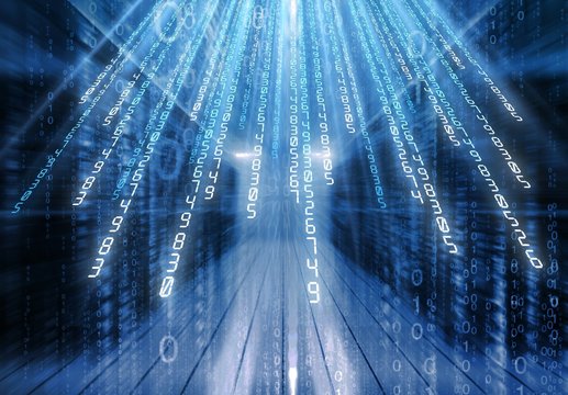 Working data center server room with media illustrations