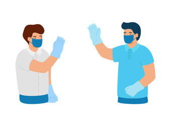 Greeting from distance in protective gloves and mask. Business relations at distance. Conclusion of contract for pandemic, disease. Vector