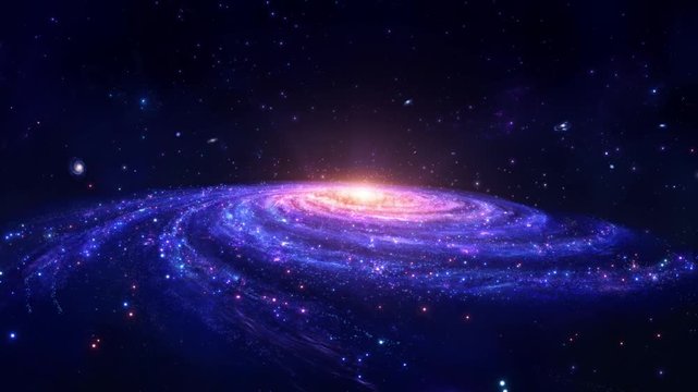Rotating blue spiral galaxy in the universe, mysterious galaxy surrounded by stars