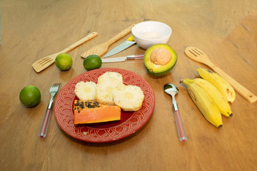 Delicious fruits with kithen things.