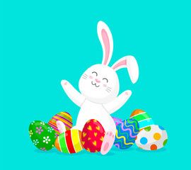 White rabbit sitting with Easter eggs. Happy Easter day concept. Cute bunny, Cartoon character design. Vector illustration isolated on blue background.