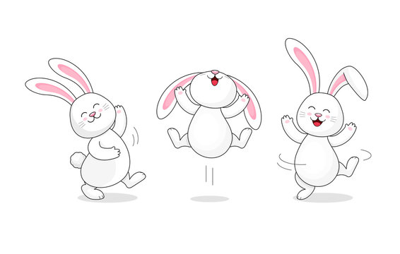 White rabbit jumping and dancing. Cute bunny. Happy Easter day, cartoon character design. Vector Illustration isolated on white background.