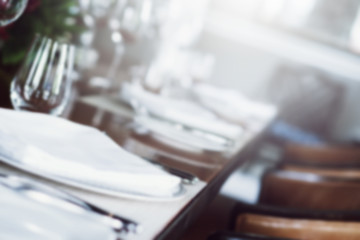 Elegance luxury restaurant empty close shutdown no customers during coronavirus quarantine lockdown. Food fine dining business in crisis finance bankruptcy. Cancel events celebration party wedding