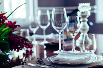 Elegance luxury restaurant empty close shutdown no customers during coronavirus quarantine lockdown. Food fine dining business in crisis finance bankruptcy. Cancel events celebration party wedding