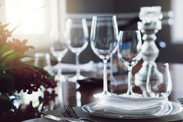 Elegance luxury restaurant empty close shutdown no customers during coronavirus quarantine lockdown. Food fine dining business in crisis finance bankruptcy. Cancel events celebration party wedding