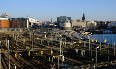 Train tracks and Stockholm city skyline, Stockholm, Sweden