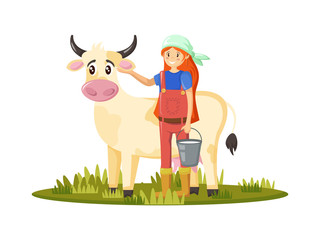 Fototapeta premium Farmers and agricultural work characters. Woman milkmaid with cow, collects milk. Agricultural gardener, agronomist engaged in household, ranch. Milk farmer agriculture products. Vector illustration.