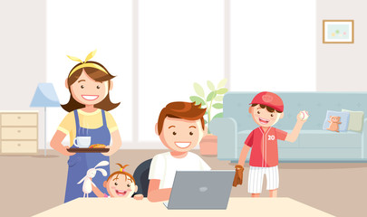 Mother takes care of father who tries to work at home. The son and daughter want to play with their father, being home between the Coronavirus (Covid-19) protection. Vector in a flat style.