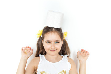 the girl is holding rolls of toilet paper, house, supplies in case of quarantine, sitting at home, provision and hygiene, toiletries, cleanliness, comfort, clean hands, plumbing