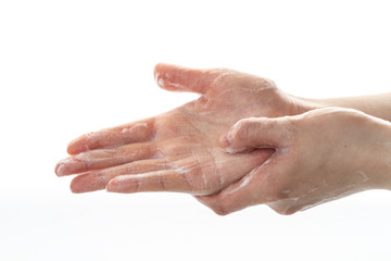 Fototapeta premium Standard action for hand washing with foam disinfectant hand sanitizer