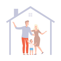 Mother, Father and Their Son at Home, House Frame with Happy Family Inside Vector Illustration