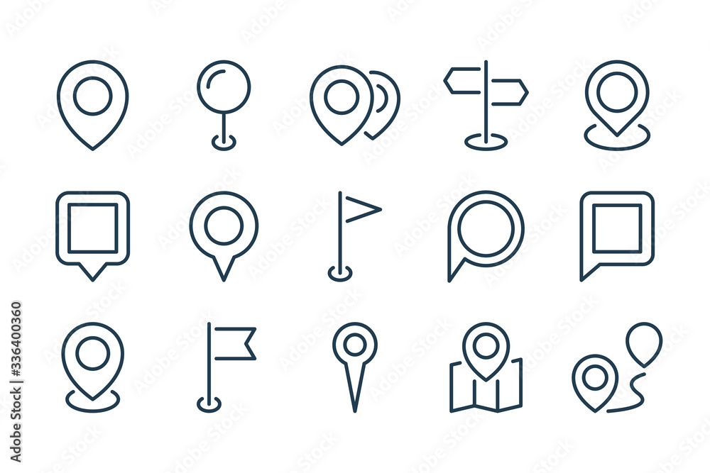 Poster map pointer and location pin line icons. place and landmark vector linear icon set.