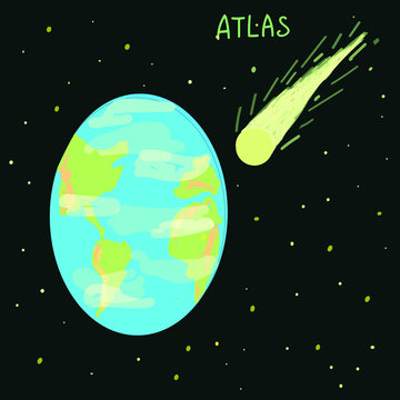 Vector Illustration Of Planet And Approaching Atlas Comet, Dangerous Distance To Cosmic Object, Hand Drawn Image In Cartoon Style Of Earth And Bright Comet With Tail, Approaching Asteroid