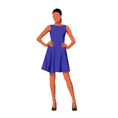 Woman standing in purple summer dress, flat design geometric isolatated vector illustration. Young woman with hands on hips