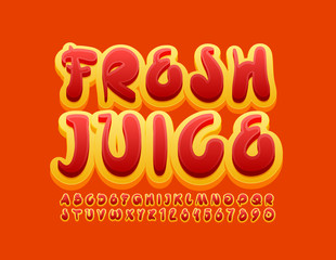 Naklejka premium Vector bright sign Fresh Juice with Red and Yellow Alphabet Letters and Numbers. Artistic creative Font