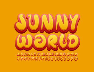 Vector creative sign Sunny World with Artistic Font. Red and Yellow Alphabet Letters and Numbers