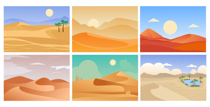 desert landscape. cartoon tropical exotic backgrounds with sand horizon and hot shining sun. vector summer pictures