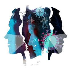 Pandemic of coronavirus, depressed people, doctors with face masks.
 Male heads, grunge expressive black collage of stylized silhouettes shown in profile. Concept symbolizing pandemic of COVID 19.