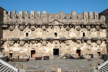 Roman amphitheater of Aspendos ancient city near Antalya, Southern Turkey. Panorama view