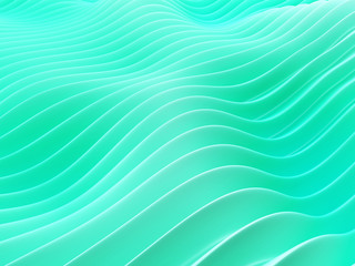 Soft shapes in green color on wavy surface. 3d render.