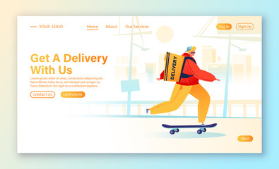 Delivery service concept for landing page. Flat cartoon character rides on skateboard, works as a courier. On shoulders is backpack with package. Against backdrop of urban morning landscape.