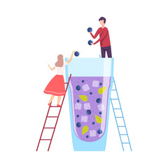 Tiny People Making Cocktail, Young Man and Woman Putting Blueberries to Big Glass with Juice Using Ladders, Cold Sweet Summer Drink Vector Illustration