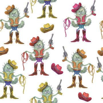 Watercolor seamless pattern with manly angry cactus cowboys. Hats, old guns, ropes and high boots. Great for fabrics, textile for boys, wrapping papers, covers. Hand painted illustration on white.