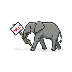 Elephant holding help sign isolated vector illustration
