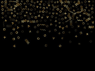 Memphis style geometric confetti vector background of triangle circle square shapes, chevron wavy lines.