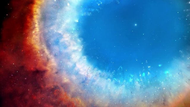 Helix Nebula. Eye of God. Flying through stars in a spiral galaxy with gas cloud space background, some of the material is from NASA, ESA, and the Hubble SM4 ERO Team