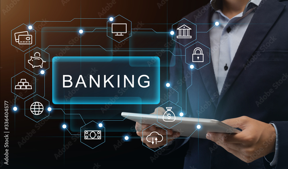 Poster unrecognizable businessman with tablet using internet banking app. collage with finance icons. panor