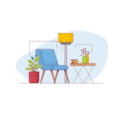 Fototapeta premium Minimalist room furniture. Lounge zone with armchair, table and plant. Room interior with furniture. Home decoration picture. Modern line style home vector.