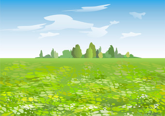 Cartoon summer landscape with flowering field. Vector illustration.