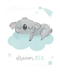 Selbstklebende Fototapeten Dream big little one. Cute koala bear sleeping on a cloud and stars. Illustration for baby shower, nursery, kids room poster, wall art, card, invitaton.  © mgdrachal