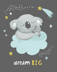 Cute cartoon koala baby sleeping on a cloud with stars. Dream big inspirational quote. Nursery poster, baby shower invitation, greeting card.  © mgdrachal